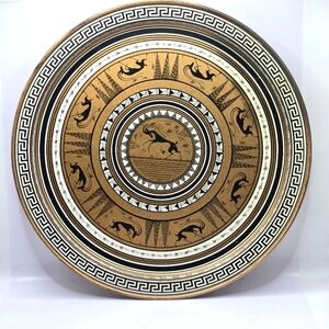 Vintage MCM Grecian Etruscan Design Tin Tray Plate Coppertoned Background 11.5"